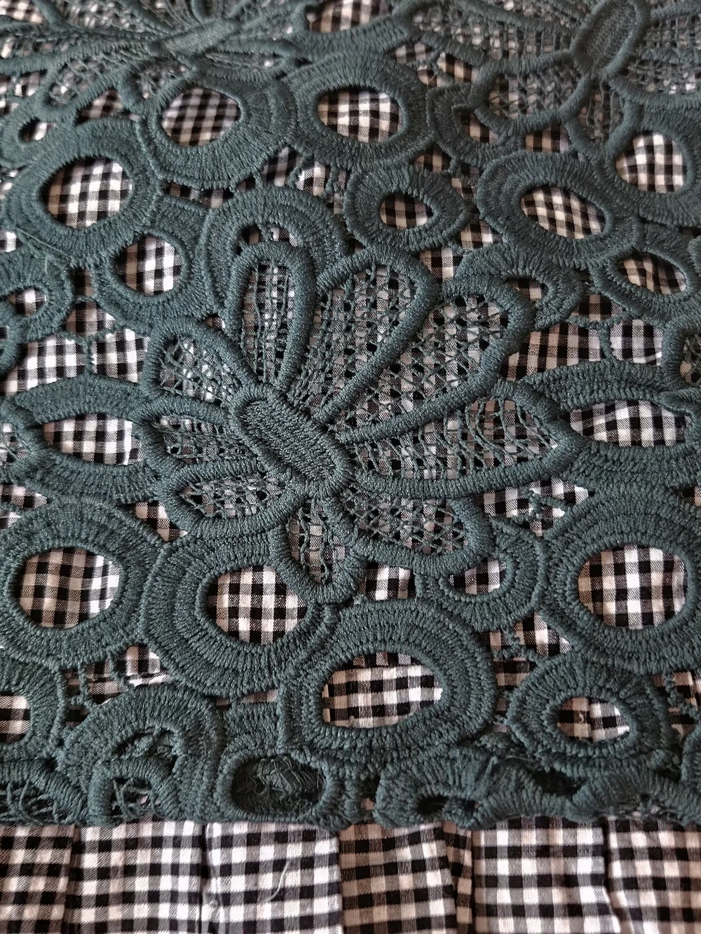 ​Maeve Anthropologie Dark Green Floral Guipure Lace & Gingham Peplum Blouse,Sz S